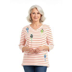 NWT Quacker Factory Size Large Parakeet Embroidered Striped Bling Top A264532